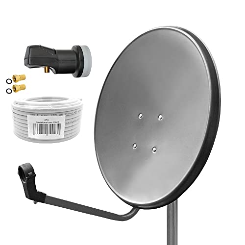 ARLI 60cm HD Sat Anlage Single LNB + 10m Koaxialkabel 135dB + 2X F-Stecker Digital 1 Teilnehmer Antenne Grau UHD 4K FullHD von ARLI