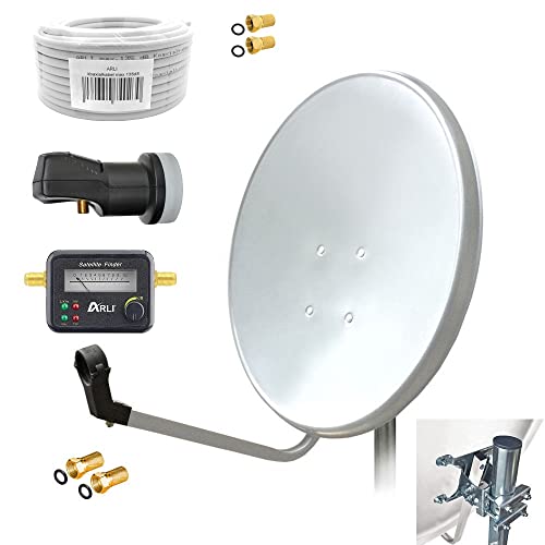 ARLI 60cm HD Sat Anlage Single LNB + 10m Koaxialkabel 135dB + Satfinder + 2 F-Stecker Digital 1 Teilnehmer Antenne lichtgrau/Weiss UHD 4K FullHD von ARLI