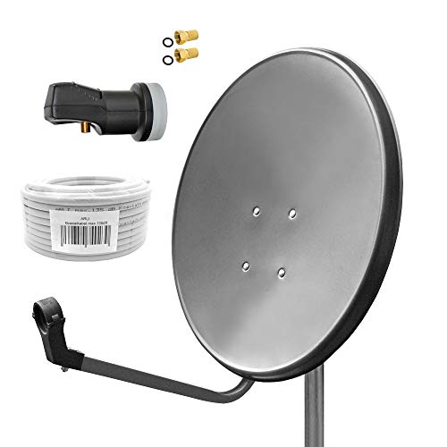 ARLI 60cm HD Sat Anlage Single LNB + 15m Koaxialkabel 135dB + 2X F-Stecker Digital 1 Teilnehmer Antenne Grau UHD 4K FullHD von ARLI