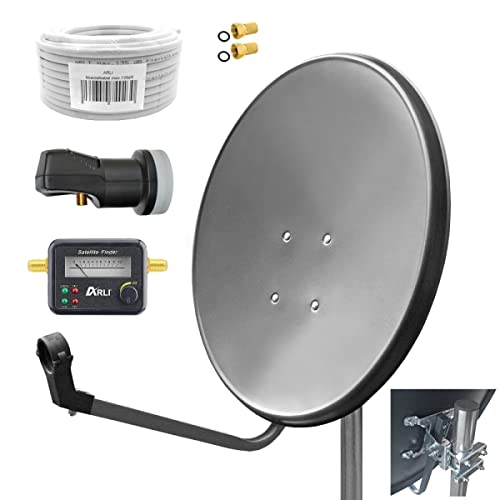 ARLI 60cm HD Sat Anlage Single LNB + 15m Koaxialkabel 135dB + Satfinder + 2 F-Stecker Digital 1 Teilnehmer Antenne Grau UHD 4K FullHD von ARLI