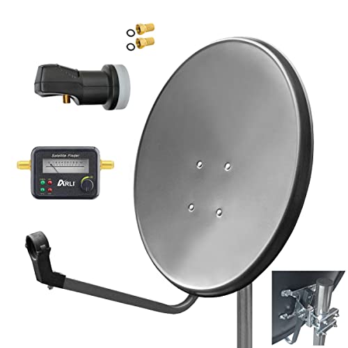 ARLI 60cm HD Sat Anlage Single LNB + Satfinder + 2X F-Stecker Digital 1 Teilnehmer Antenne Grau UHD 4K FullHD von ARLI