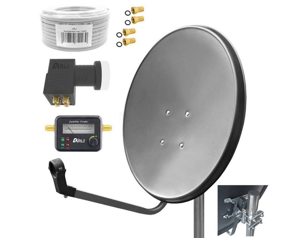ARLI 60cm HD Sat Anlage grau + Quad LNB + 15m Koaxialkabel + Satfinder SAT-Antenne (60 cm, Stahl, + 4x F-Stecker vergoldet Set 10531) von ARLI