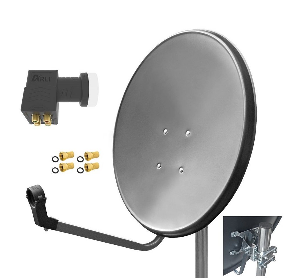 ARLI 60cm HD Sat Anlage grau + Quad LNB + 4x F-Stecker SAT-Antenne (60 cm, Stahl) von ARLI