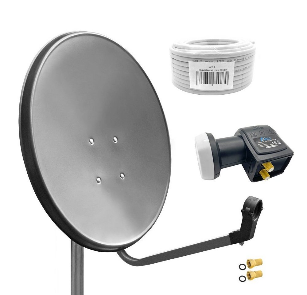 ARLI 60cm HD Sat Anlage grau + Twin LNB + 50m Koaxialkabel + 2x F-Stecker SAT-Antenne (60 cm, Stahl) von ARLI