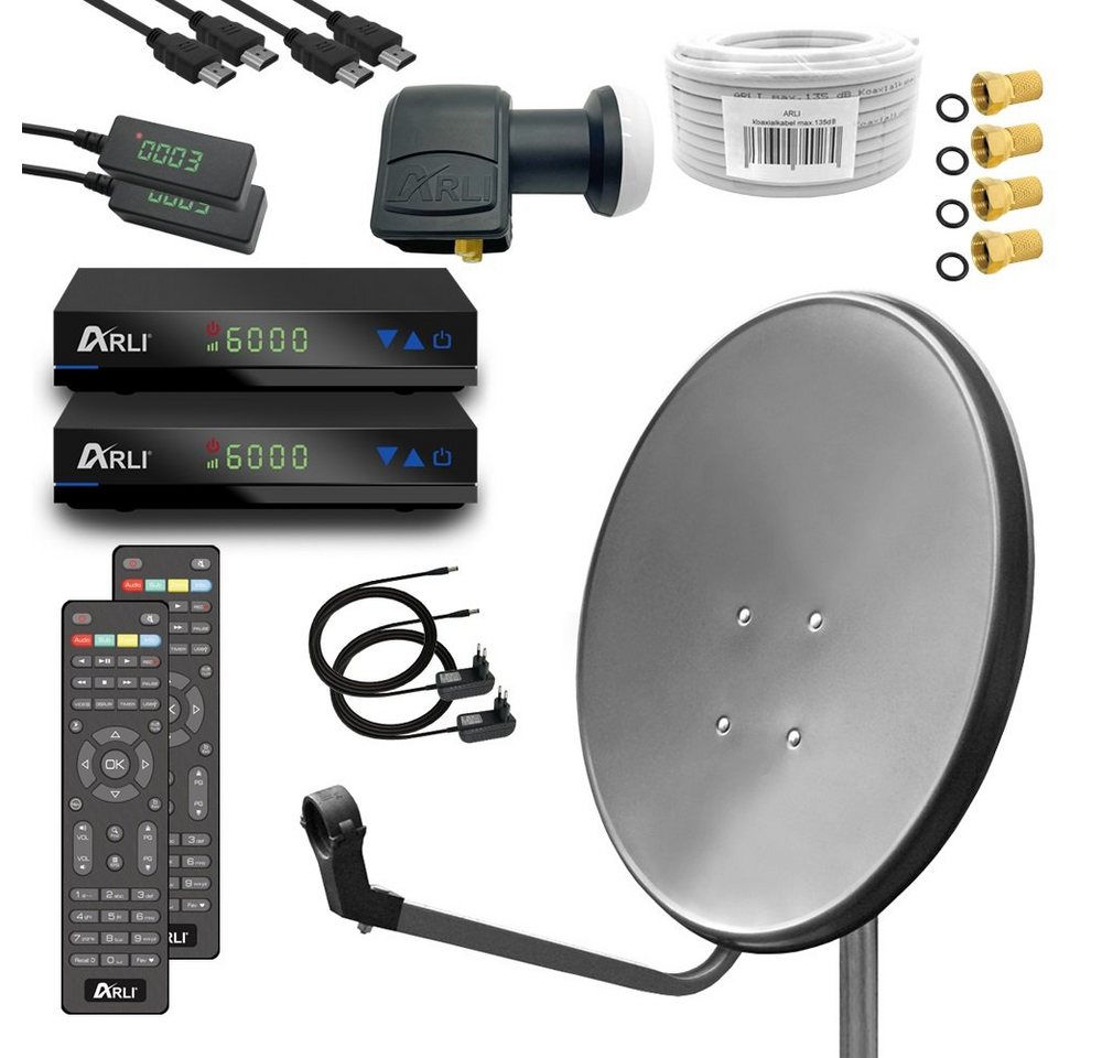 ARLI ARLI 60 cm HD Sat Anlage grau Set inkl. Receiver + Kabel + Stecker SAT-Antenne (60 cm, Stahl) von ARLI