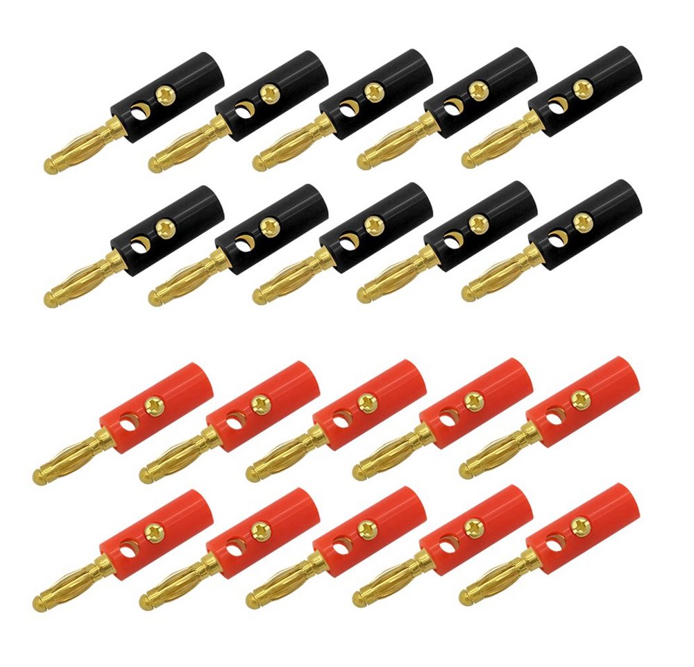 ARLI Bananenstecker vergoldet 4 mm Set Audio-Adapter Bananen zu Rohkabel, 20 x Bananen Stecker vergoldet 4mm 10 SCHWARZ + 10 ROT Set von ARLI