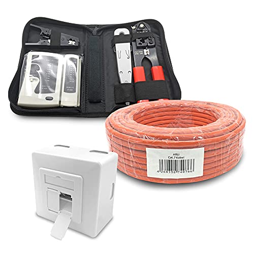 ARLI CAT 7 100m Verlegekabel Netzwerkkabel CAT.7 + 1x Netzwerkdose Cat6a + 1x Werkzeugset Crimpzange Abisoliermesser Tester Netzwerk Werkzeug Set 4 in 1 S/FTP CAT7 PIMF Kabel AWG23/1 Ethernet 100 m von ARLI