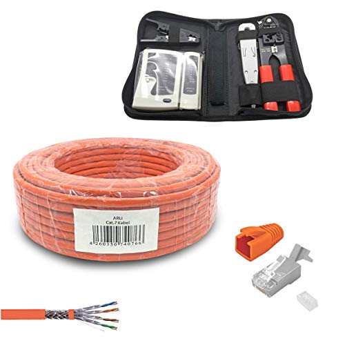ARLI CAT 7 Verlegekabel 25m Netzwerkkabel CAT.7 + Crimpzange RJ45 Zange + Kabelmesser + 20x Netzwerkstecker Netzwerk Stecker 8 polig Plug LAN Halogenfrei Installationskabel CAT7 Kabel Netzwerk 25 m von ARLI