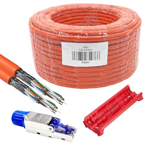 ARLI 50m Duplex Cat7 Verlegekabel + 4x RJ45 Netzwerkstecker Cat8.1 + Kabelmesser S/FTP doppelt geschirmt LSZH halogenfrei Werkzeuglose Montage Ethernet Twin Netzwerkkabel bis zu 10 Gbit/s 1000 MHz von ARLI
