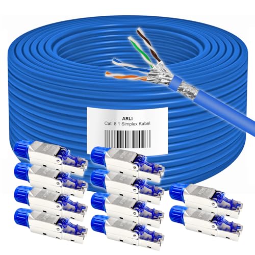 ARLI CAT8 Verlegekabel 100 m Cat 8.1 Netzwerkkabel + 10 RJ45 Netzwerkstecker Werkzeuglose Montage Halogenfrei Installationskabel 100m Kabel Lan Netzwerk 10x Stecker von ARLI