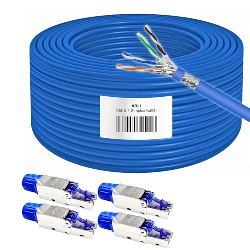 ARLI CAT8 Verlegekabel 50m Cat 8.1 Netzwerkkabel + 4x RJ45 Netzwerkstecker Werkzeuglose Montage Halogenfrei Installationskabel 50m Kabel Lan Netzwerk 4 x Stecker von ARLI