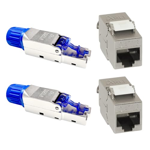 ARLI Cat8 Set = Cat8.1 RJ45 2 Keystone + 2 Netzwerkstecker Jack Modul Netzwerk Stecker Buchse 2000 MHz 40Gbit vollgeschirmt Metall werkzeuglos werkzeugfrei LSA Snap In Montage STP Cat Netzwerkkabel von ARLI