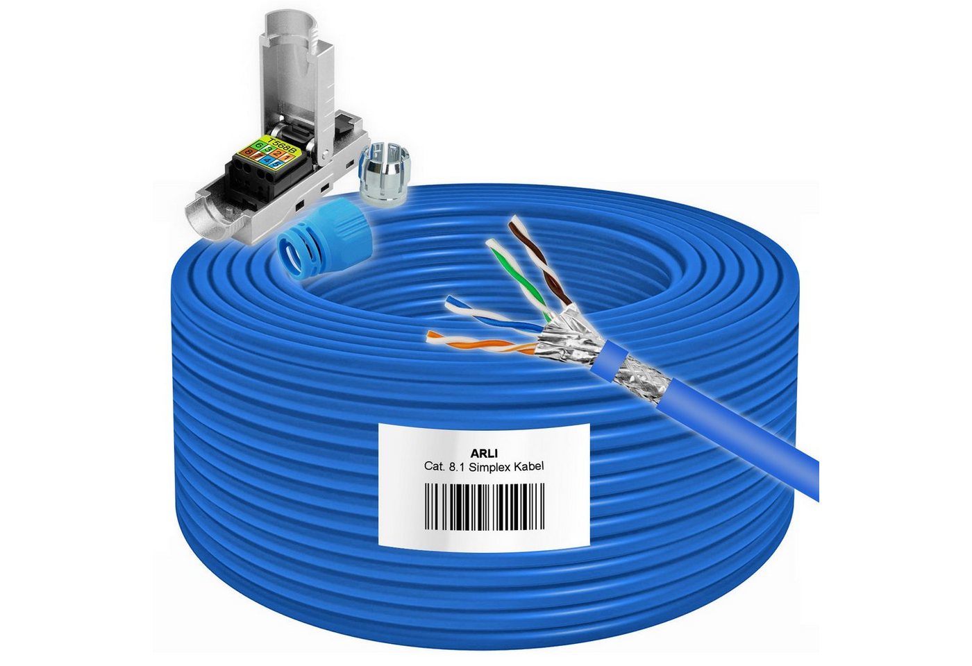 ARLI Cat8 Verlegekabel 50m Cat 8.1 Netzwerkkabel + 4x RJ45 Netzwerkstecker Installationskabel, Rj45 Netzwerkstecker Cat8.1, (5000 cm), verdrillt zu 4 Paaren, Metermarkierung von ARLI