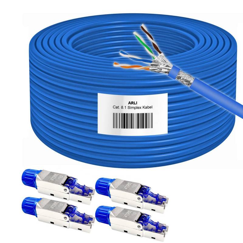 ARLI Cat8 Verlegekabel 50m Cat 8.1 Netzwerkkabel + 4x RJ45 Netzwerkstecker Installationskabel, Rj45 Netzwerkstecker Cat8.1, (5000 cm), Metermarkierung von ARLI