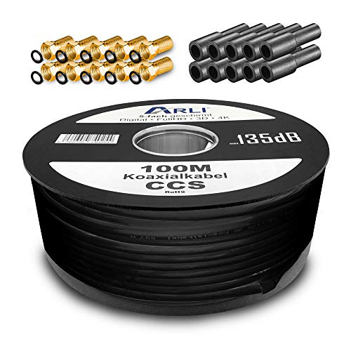 ARLI 100m Koaxialkabel Schwarz – max. 135 dB 5-fach geschirmt UV-beständig + 10x F-Stecker vergoldet & 10x Gummitüllen für DVB-S DVB-T2 4K HDTV ARLI 100m Koaxialkabel Schwarz – max. 135 dB 5-fach geschirmt UV-beständig + 10x F-Stecker vergoldet & 10x Gummitüllen für DVB-S DVB-T2 4K HDTV von ARLI