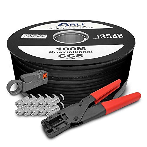 ARLI HD Sat Kabel 100 m Koaxialkabel 135 dB Koaxial 5-fach geschirmt inkl. Kompressionszange Abisoliermesser 10 x F Kompressionsstecker Satkabel TV Antennenkabel Koax 4K schwarz von ARLI