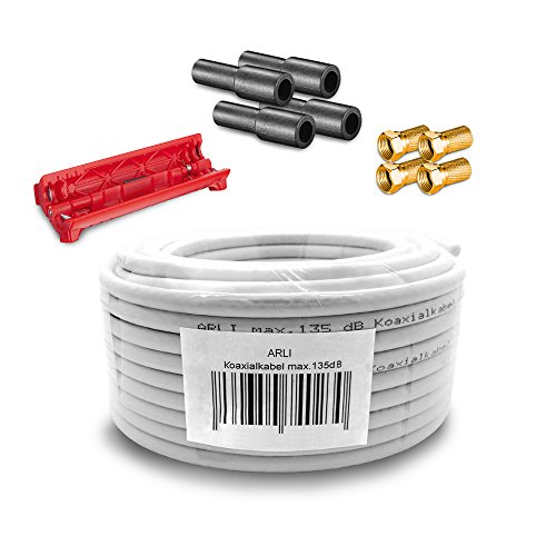 ARLI 20m Koaxialkabel – max. 135 dB 5-fach geschirmt UV-beständig + 4x F-Stecker vergoldet & 4x Gummitülle & Abisoliermesser für DVB-S DVB-T2 4K HDTV ARLI 20m Koaxialkabel – max. 135 dB 5-fach geschirmt UV-beständig + 4x F-Stecker vergoldet & 4x Gummitülle & Abisoliermesser für DVB-S DVB-T2 4K HDTV von ARLI