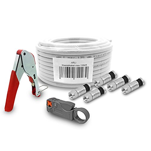 ARLI HD Sat Kabel 50 m Koaxialkabel 135 dB Koaxial Kompressionszange Kabelmesser 10 x F Kompressionsstecker von ARLI