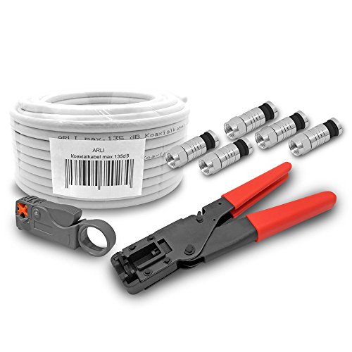 ARLI HD Sat Kabel 50 m Koaxialkabel 135dB Koaxial 5 fach geschirmt Kompressionszange Abisoliermesser 10 x F Kompressionsstecker 7-7,5 mm Satkabel TV Antennenkabel 4K Zange Abisolierer F-Stecker von ARLI