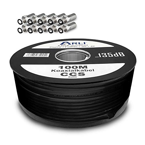 ARLI 100m Koaxialkabel Schwarz – max. 135 dB 5-fach geschirmt UV-beständig + 10x F-Stecker mit breiter Mutter & Dichtring für DVB-S DVB-T2 4K HDTV von ARLI