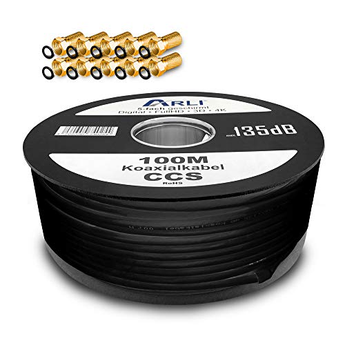 ARLI 100m Koaxialkabel Schwarz – max. 135 dB 5-fach geschirmt UV-beständig + 10x F-Stecker vergoldet mit breiter Mutter & Dichtring für DVB-S DVB-T2 4K HDTV ARLI 100m Koaxialkabel Schwarz – max. 135 dB 5-fach geschirmt UV-beständig + 10x F-Stecker vergoldet mit breiter Mutter & Dichtring für DVB-S DVB-T2 4K HDTV von ARLI