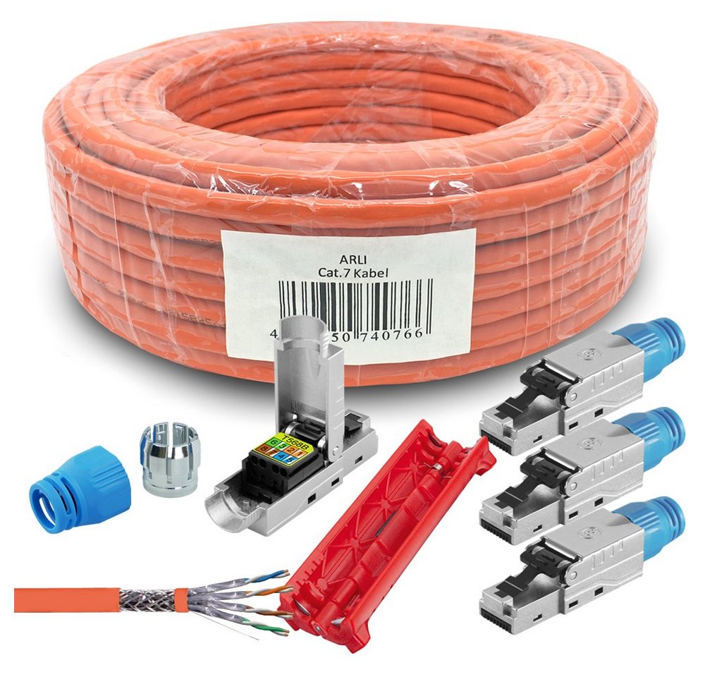 ARLI Installationskabel, RJ45, RJ-45 (Ethernet) (5000 cm), ARLI Verlegekabel Cat7 50m Label + 4x RJ45 Netzwerkstecker von ARLI