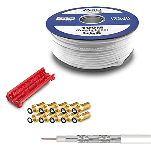 ARLI Set 100m Koaxial SAT Kabel 135db Weiß + 10x F-Stecker vergoldet + Abisolierer Kabelmesser CCS Stahl Kupfer Satellit Antennenkabel 5-Fach geschirmt Satkabel DVB-S/S2 -C/C2 -T/T2 DAB+ Radio Anlagen von ARLI