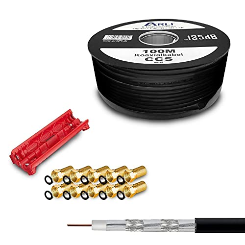 ARLI Set 100m Koaxial SAT Kabel 135db schwarz + 10x F-Stecker vergoldet + Abisolierer Kabelmesser CCS Stahl Kupfer Satellit Antennenkabel 5-Fach geschirmt Satkabel DVB-S/S2 -C/C2 -T/T2 DAB+ Radio von ARLI