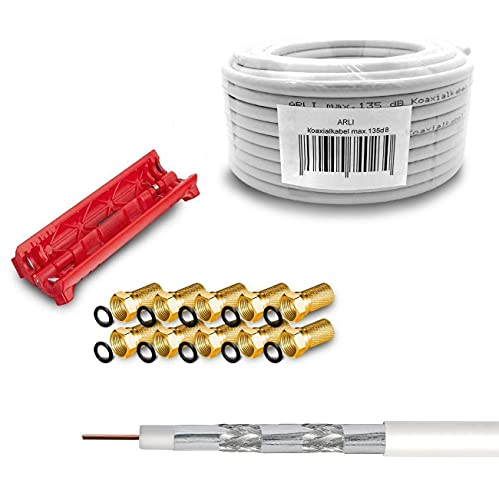 ARLI Set 50m Koaxial SAT Kabel 135db weiss/weiß + 10x F-Stecker vergoldet + Abisolierer Kabelmesser CCS Stahl Kupfer Satellit Antennenkabel 5-Fach geschirmt Satkabel DVB-S/S2 -C/C2 -T/T2 DAB+ Radio von ARLI