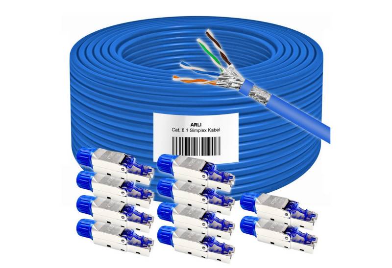 ARLI Verlegekabel 100m Cat 8.1 Netzwerkkabel + 10x RJ45 Netzwerkstecker Installationskabel, Rj45 Netzwerkstecker Cat8.1, (10000 cm), Halogenfrei von ARLI