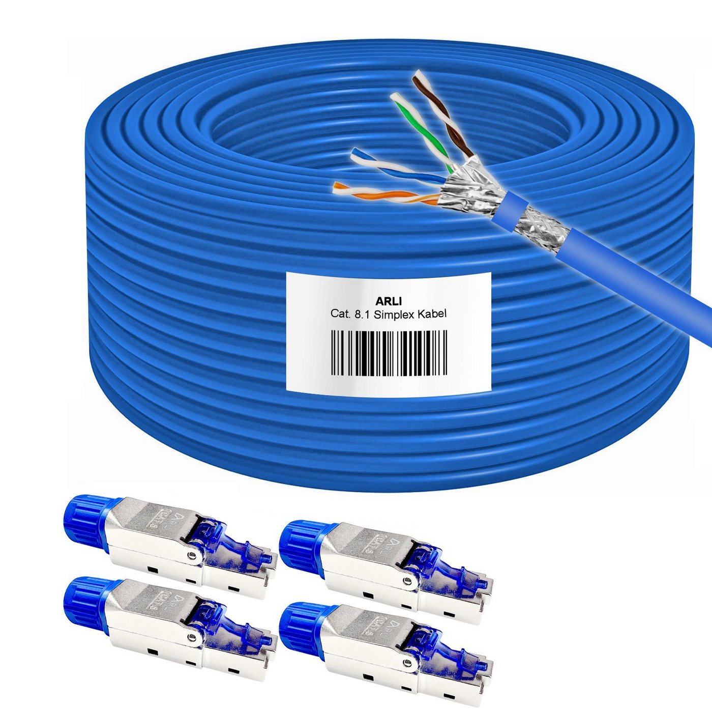 ARLI Verlegekabel 100m Cat 8.1 Netzwerkkabel + 4x RJ45 Netzwerkstecker Installationskabel, Rj45 Netzwerkstecker Cat8.1, (10000 cm), Werkzeuglose Montage, verzinnt, verdrillt zu 4 Paaren von ARLI