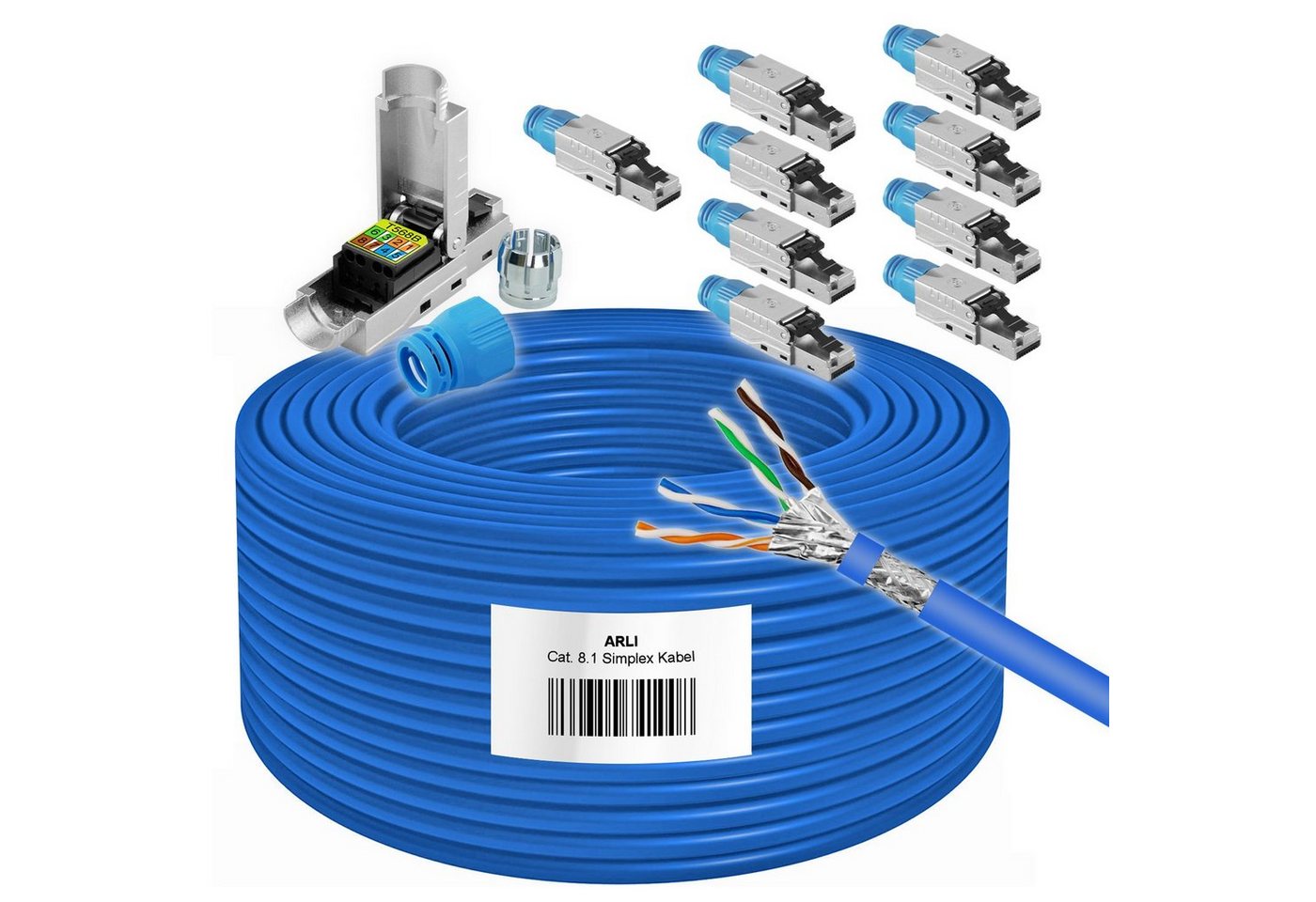 ARLI Verlegekabel 50m Cat 8.1 Netzwerkkabel + 10x RJ45 Netzwerkstecker Installationskabel, RJ45 Netzwerkstecker CAT8.1, (5000 cm), verzinnt, verdrillt zu 4 Paaren, Halogenfrei von ARLI