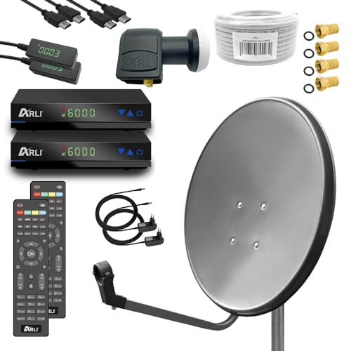 Digital Sat Anlage 60 cm Spiegel inkl. 2X ARLI AH1 Full HD Receiver + Twin LNB + 50 m Koax Kabel + 4 F - Stecker vergoldet 2 Teilnehmer Set Antenne grau anthrazit satellitenschüssel digital komplett von ARLI