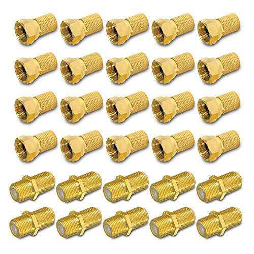 ARLI 20x F-Stecker 7 – 7,4 mm + 10x F-Verbinder vergoldet – Stecker Verbinder Set für Koaxialkabel Sat TV Antenne mit breiter Mutter & Dichtring von ARLI