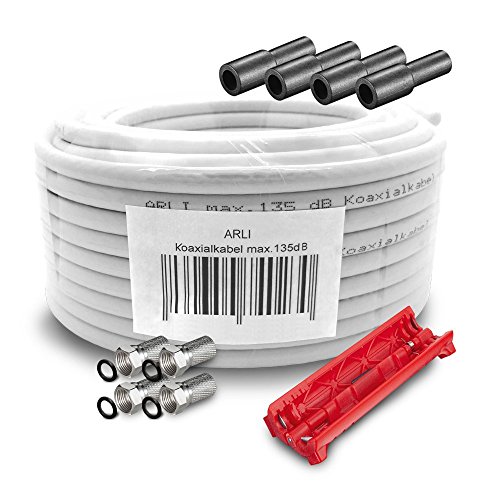 ARLI 10m Koaxialkabel – max. 135 dB 5-fach geschirmt UV-beständig + 4x F-Stecker & 4x Gummitüllen & Abisoliermesser für DVB-S DVB-T2 4K HDTV von ARLI