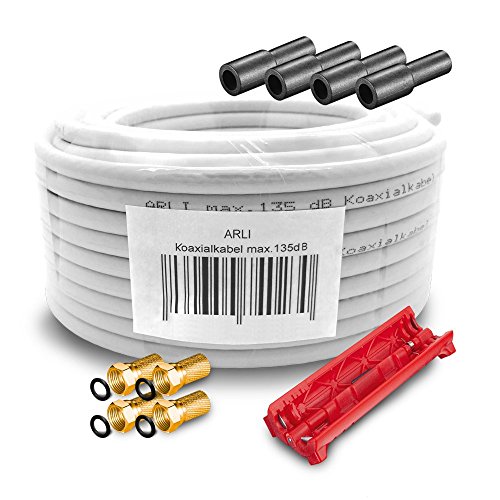 HD Sat Kabel 10 m Koaxialkabel 135 dB + Kabelmesser + 4 x F Stecker + 4x Gummitülle Koaxial 5 fach geschirmt Satkabel TV Antennenkabel Koax 4K gold ARLI von ARLI