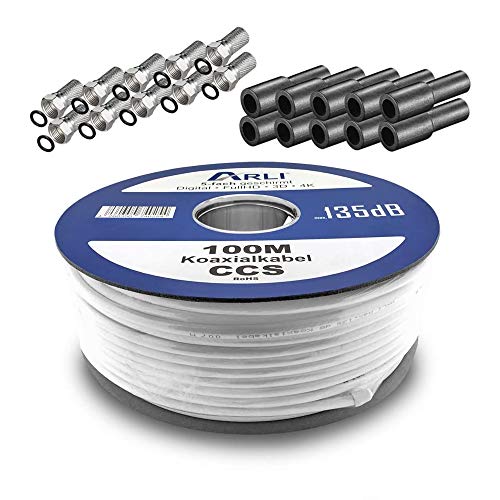 ARLI 100m Koaxialkabel – max. 135 dB 5-fach geschirmt UV-beständig + 10x F-Stecker & 10 Gummitüllen für DVB-S DVB-T2 4K HDTV von ARLI