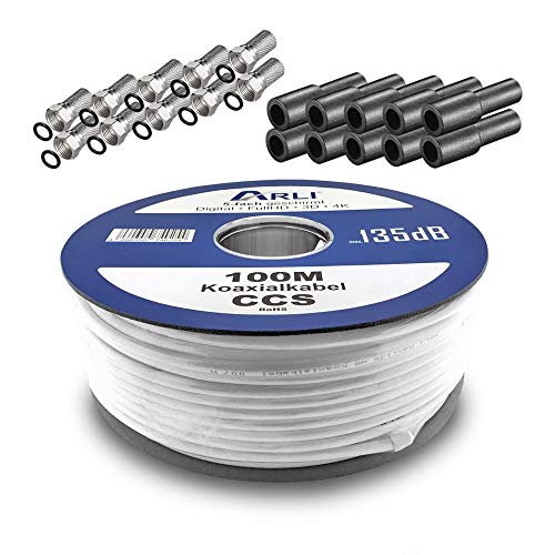 HD Sat Kabel 100 m Koaxialkabel 135 dB + 10 x F-Stecker + 10x Gummitülle Koaxial 5 fach geschirmt Satkabel TV Antennenkabel Koax 4K F-Stecker ARLI von ARLI