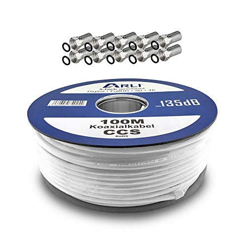ARLI 100m Koaxialkabel 135dB 5-fach geschirmt + 10x F-Stecker – Sat Antennenkabel für DVB-S/S2 DVB-T/T2 DVB-C/C2 4K UHD HDTV Innen Außen von ARLI