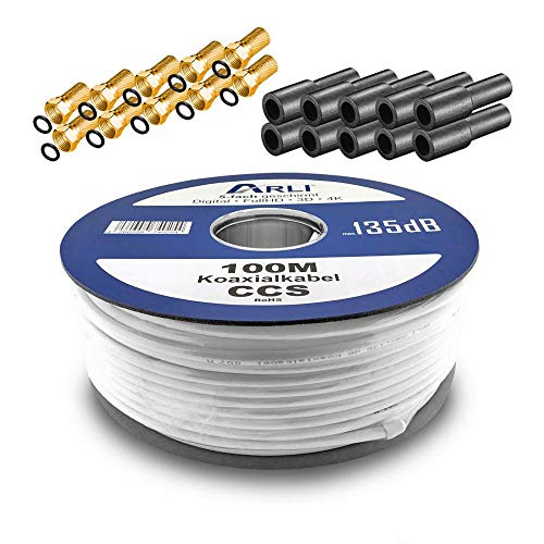 HD Sat Kabel 100 m Koaxialkabel 135 dB 10 x F-Stecker + 10 Gummitülle Koaxial 5-Fach geschirmt Satkabel TV Antennenkabel Koax 4K F-Stecker Gold ARLI von ARLI