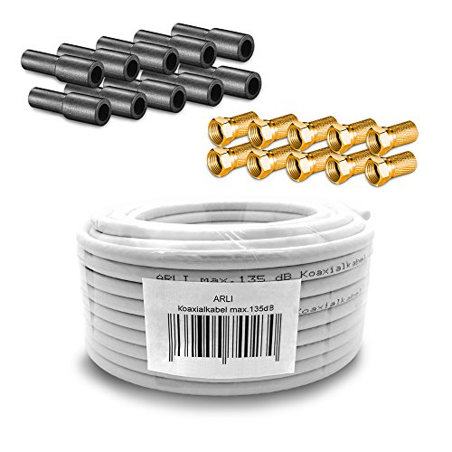 HD Sat Kabel 50 m Koaxialkabel 135 dB + 10 x F-Stecker F Stecker + 10x Gummitülle Koaxial 5 fach geschirmt Satkabel TV Antennenkabel Koax 4K gold ARLI von ARLI