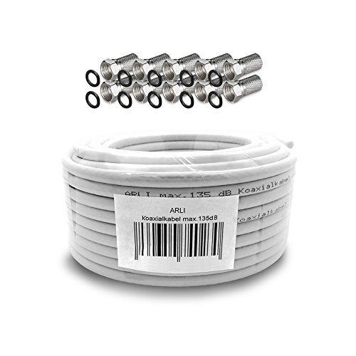 ARLI 50m Koaxialkabel 135dB 5-fach geschirmt + 10x F-Stecker – Sat Antennenkabel für DVB-S/S2 DVB-T/T2 DVB-C/C2 4K UHD HDTV Innen Außen von ARLI