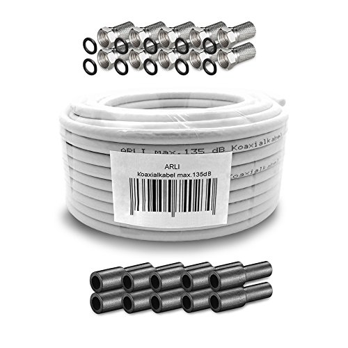 ARLI 50m Koaxialkabel – max. 135 dB 5-fach geschirmt UV-beständig + 10x F-Stecker & 10 Gummitüllen für DVB-S DVB-T2 4K HDTV ARLI 50m Koaxialkabel – max. 135 dB 5-fach geschirmt UV-beständig + 10x F-Stecker & 10 Gummitüllen für DVB-S DVB-T2 4K HDTV von ARLI