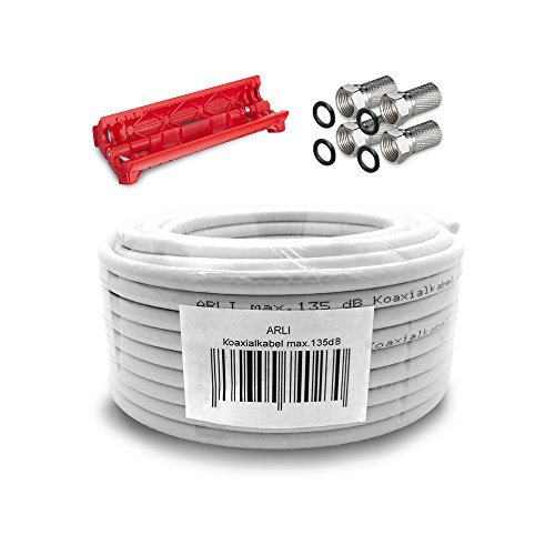 ARLI 50m Koaxialkabel – max. 135 dB 5-fach geschirmt UV-beständig + 4x F-Stecker & Abisoliermesser für DVB-S DVB-T2 4K HDTV ARLI 50m Koaxialkabel – max. 135 dB 5-fach geschirmt UV-beständig + 4x F-Stecker & Abisoliermesser für DVB-S DVB-T2 4K HDTV von ARLI