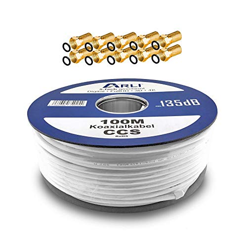 ARLI 100m Koaxialkabel – max. 135 dB 5-fach geschirmt UV-beständig + 10x F-Stecker vergoldet mit breiter Mutter & Dichtring für DVB-S DVB-T2 4K HDTV von ARLI