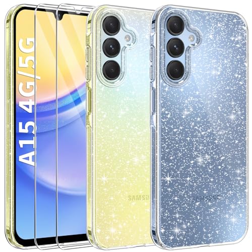 AROYI 3 in 1 Klar Glitzer Handyhülle Kompatibel mit Samsung Galaxy A15 4G / 5G Hülle Glitzer mit 2 Stück Schutzfolie, Handyhülle Samsung A15 Transparent Weiche TPU Silikon Case [Anti-Yellowing] von AROYI