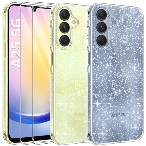 AROYI 3 in 1 Klar Glitzer Handyhülle Kompatibel mit Samsung Galaxy A25 5G Hülle Glitzer mit 2 Stück Schutzfolie, Handyhülle Samsung A25 5G Transparent Weiche TPU Silikon Case [Anti-Yellowing] von AROYI