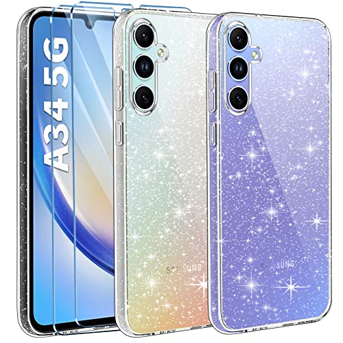 AROYI [3 in 1] Klar Glitzer Handyhülle Kompatibel mit Samsung Galaxy A34 5G Hülle Glitzer mit 2 Stück Schutzfolie, Handyhülle Samsung A34 5G Transparent Weiche TPU Silikon Case [Anti-Yellowing] von AROYI