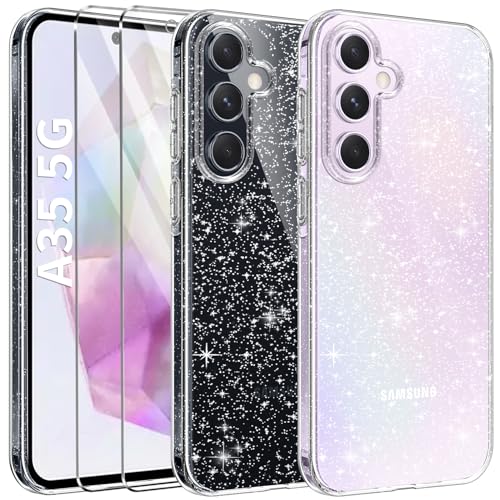 AROYI 3 in 1 Klar Glitzer Handyhülle Kompatibel mit Samsung Galaxy A35 5G Hülle Glitzer mit 2 Stück Schutzfolie, Handyhülle Samsung A35 5G Transparent Weiche TPU Silikon Case [Anti-Yellowing] von AROYI