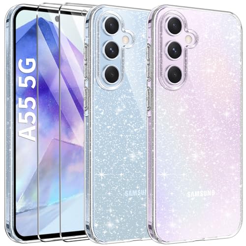 AROYI 3 in 1 Klar Glitzer Handyhülle Kompatibel mit Samsung Galaxy A55 5G Hülle Glitzer mit 2 Stück Schutzfolie, Handyhülle Samsung A55 5G Transparent Weiche TPU Silikon Case [Anti-Yellowing] von AROYI